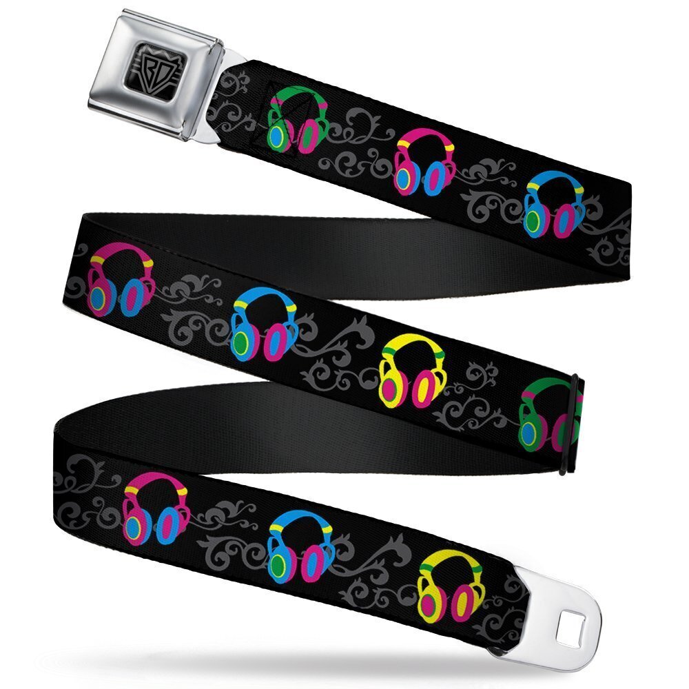 8263 Seatbelt Belt - Headphones Curls Black/Gray/Neon - 1.0" Wide - 20-36